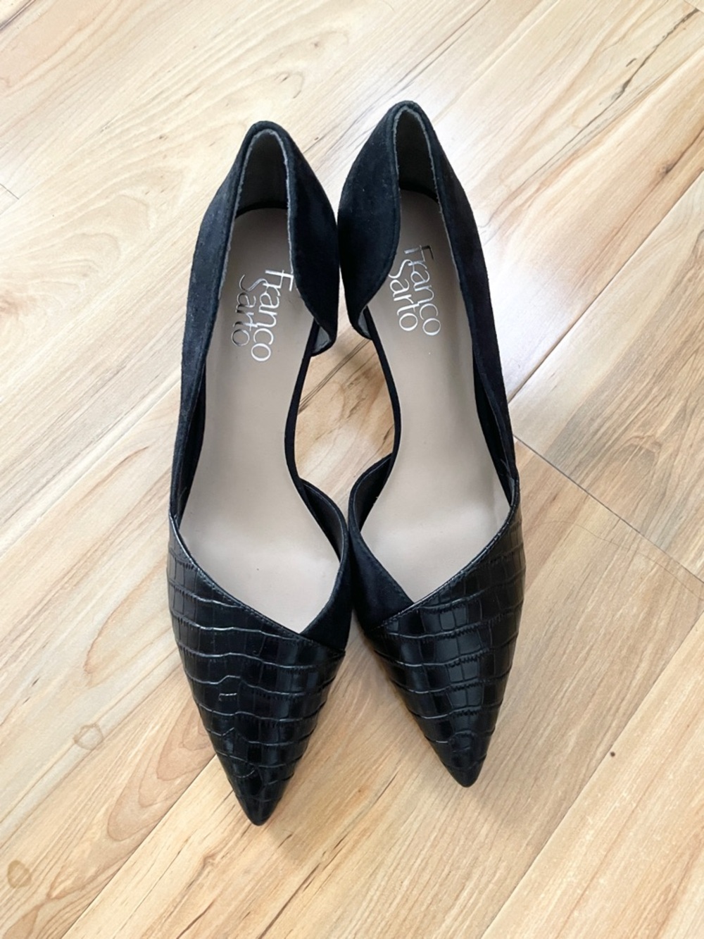 Franco Sarto Black Croc-Embossed Pointed D'Orsay Heels